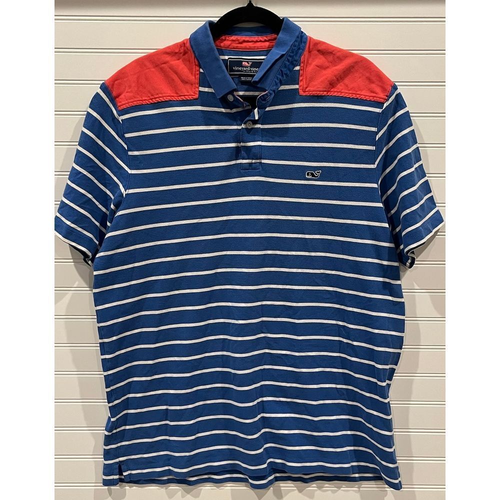 Vineyard Vines Striped Polo Shirt Red Blue Nautical Casual Cotton Men's Large‎
